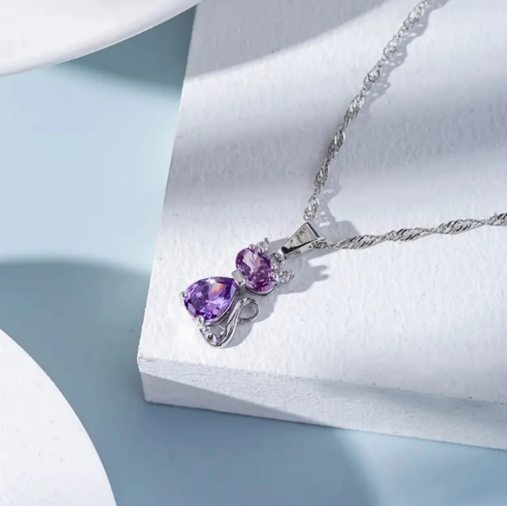 NEW Purple Cat Heart Necklace silver_6